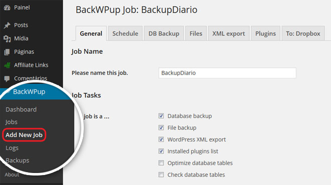 BackWPup Add New Job