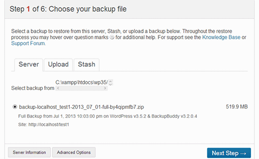 Selecionar o arquivo de backup para restaurar
