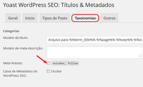 WordPress SEO by Yoast Taxonomia Categoria NoIndex