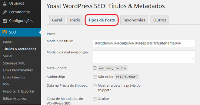 WordPress SEO: Títulos & Metadados Tipos de Posts