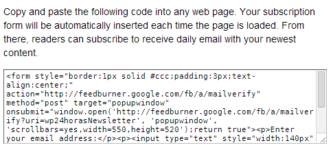 Código HTML do formulário de Inscrição da newsletter do Feedburner