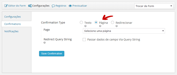 Gravity Forms - Selecionando Página de Confirmação
