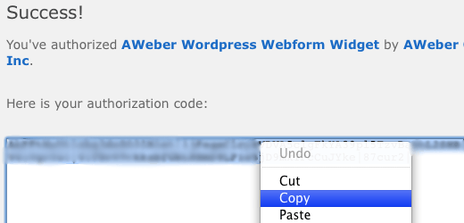 Instalação AWeber Web Form Widget - Conexão com AWeber bem sucedida