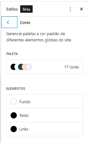 No painel de cores Estilos você encontra as paletas (padrão, paleta de temas e paletas adicionadas pelo usuário) e uma lista de elementos: Plano de fundo, texto e links.  A seleção de um dos elementos abre um modal com um seletor de cores.