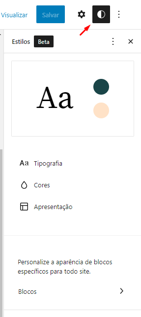 Na primeira tela da barra lateral Estilos você pode expandir as opções de cores, tipografia e estilos do site (corpo ou raiz).  ou você pode abrir uma lista de tipos de bloco, na qual você pode selecionar um bloco individual ao qual adicionar estilos.