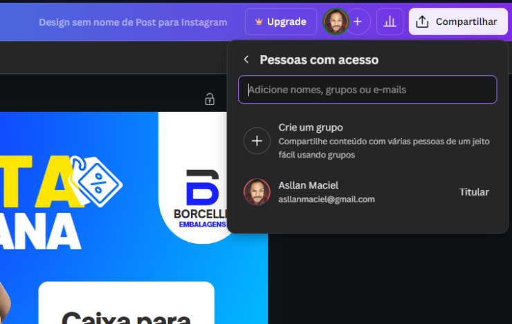 Funcionalidade de colaboração em tempo real no Canva.